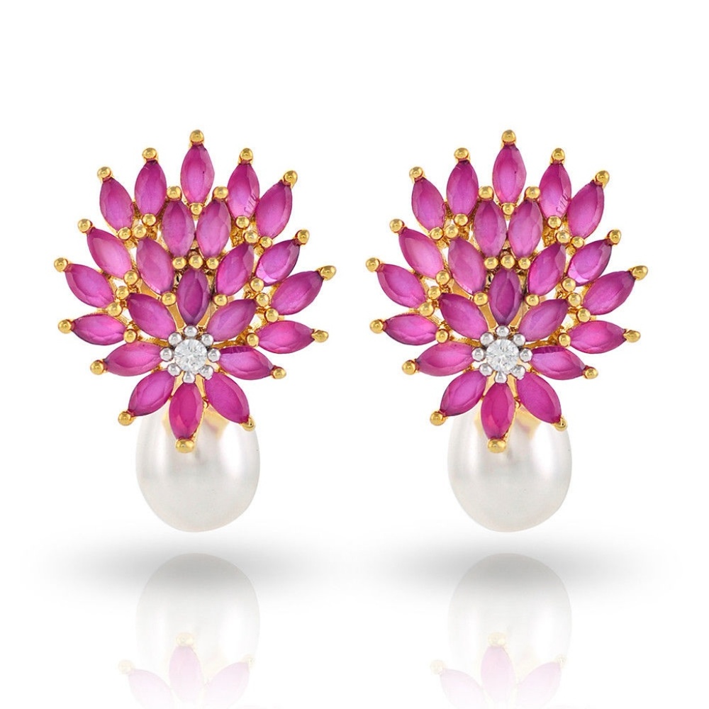 CZ Designer Pearl Stud Earrings Ruby